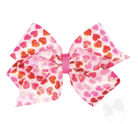 Wee Ones White Sequined Hair Bow with Red and Pink Heart Print